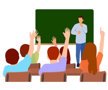 Öğretmen ve çalışkan çocuk parmak kaldırıyor.