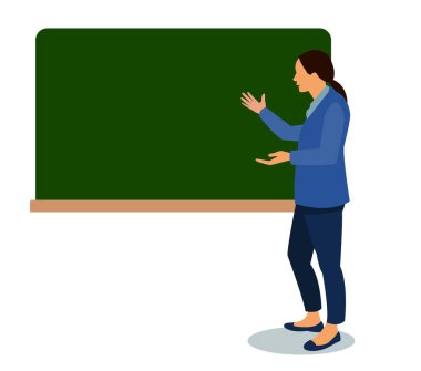 Öğretmen sınıfın tahtası önünde.