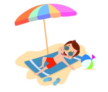 Çocuk plaj havlusunun altında, düz çizgi film çizimi izole edilmiş.