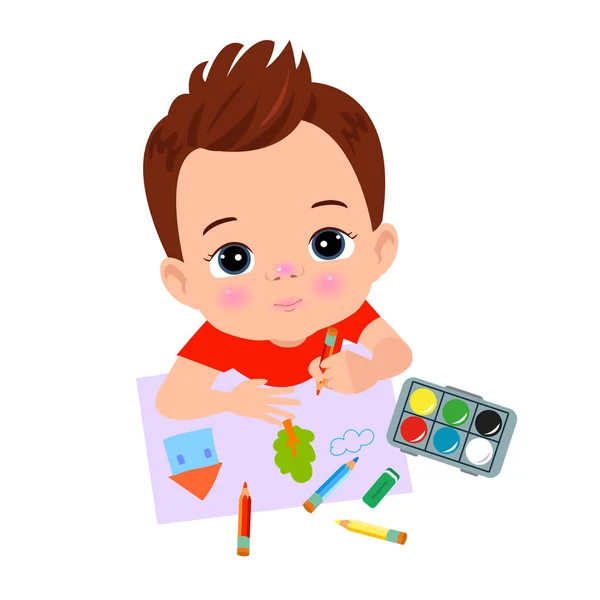 Χαριτωμένο Αγόρι Ζωγραφική Ακουαρέλες Και Χρωματιστά Μολύβια — Διανυσματικό Αρχείο