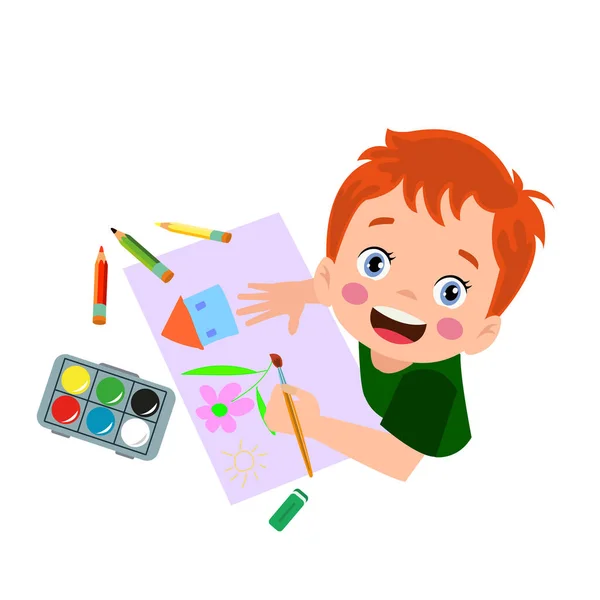 Симпатичный Мальчик Рисует Акварелью Цветными Карандашами — стоковый вектор