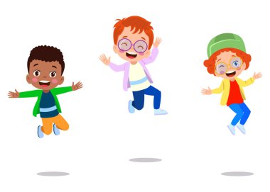 Zıplayan çocuklar. Mutlu komik çocuklar oynarken ve farklı eylem atlama eğitim küçük takım vektör karakterleri pozlar. Çocuk ve çocuk eğlenceli ve gülümseme İllüstrasyon