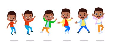 Zıplayan çocuklar. Mutlu komik çocuklar oynarken ve farklı eylem atlama eğitim küçük takım vektör karakterleri pozlar. Çocuk ve çocuk eğlenceli ve gülümseme İllüstrasyon