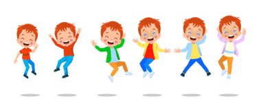 Zıplayan çocuklar. Mutlu komik çocuklar oynarken ve farklı eylem atlama eğitim küçük takım vektör karakterleri pozlar. Çocuk ve çocuk eğlenceli ve gülümseme İllüstrasyon