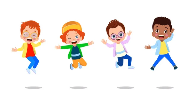 Miúdos Saltadores Crianças Engraçadas Felizes Brincando Pulando Ação Diferente Coloca — Vetor de Stock