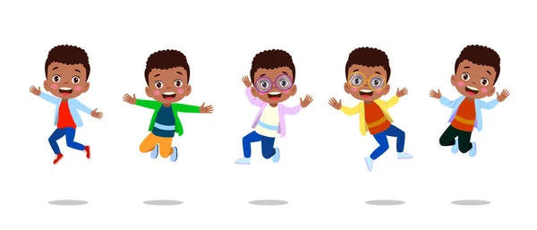 跳孩子快乐有趣的孩子玩和跳跃在不同的动作构成教育小队矢量字符 儿童与儿童乐趣和微笑的插图 — 图库矢量图片