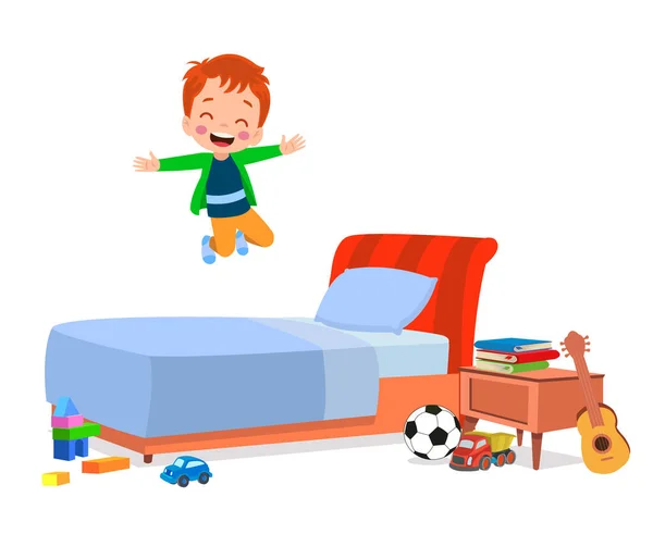 Счастливый Симпатичный Мальчик Прыгать Кровати — стоковый вектор