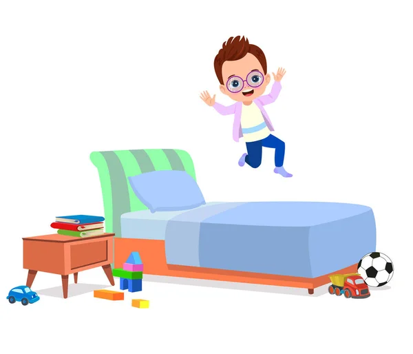 Счастливый Симпатичный Мальчик Прыгать Кровати — стоковый вектор