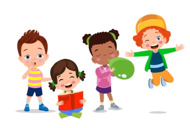 Mutlu çocuk çizgi film koleksiyonu. Farklı pozisyonlardaki çok kültürlü çocuklar beyaz arka planda izole edilmiş.