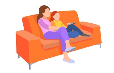 Birlikte oturma odasında televizyon izleyen mutlu bir aile. Çizgi film tarzında aile illüstrasyonu