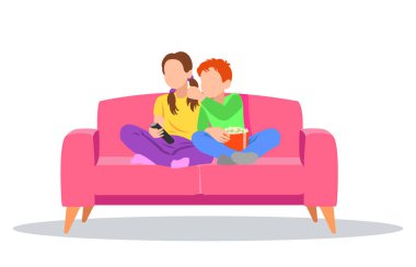 Oturma odasında birlikte televizyon izleyen mutlu bir aile. Çizgi film tarzında çocuklar.