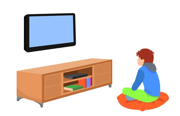 Happy Rodina Sledování Televize Společně Obývacím Pokoji Děti Ilustrace Kresleném — Stockový vektor