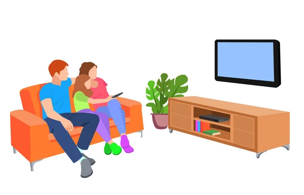 Famiglia Felice Guardando Televisione Insieme Soggiorno Illustrazione Familiare Stile Cartone — Vettoriale Stock