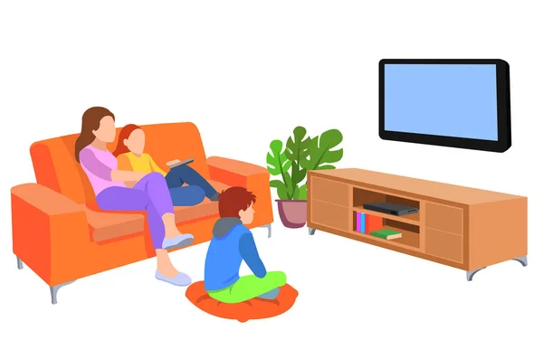 Joyeux Famille Regardant Télévision Ensemble Dans Salon Illustration Famille Dans — Image vectorielle