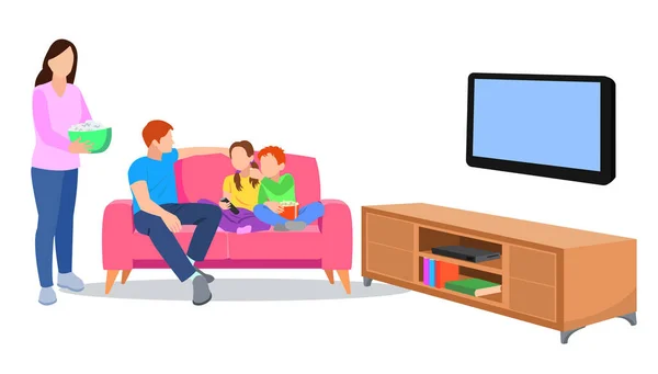 Szczęśliwa Rodzina Ogląda Razem Telewizję Salonie Ilustracja Rodziny Stylu Kreskówki — Wektor stockowy