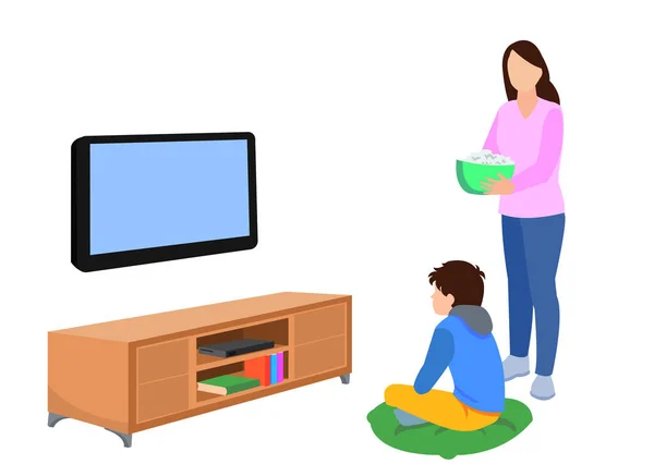 Šťastná Rodina Spolu Dívá Televizi Obýváku Rodinná Ilustrace Kresleném Stylu — Stockový vektor