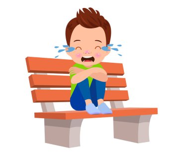 Üzgün çocuk bir bankta oturuyor.