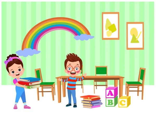 教室で遊ぶ子供たちのベクトルイラスト — ストックベクタ