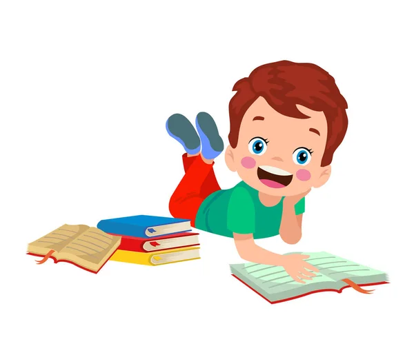 Cute Happy Boy Reading Book — Stock Vector