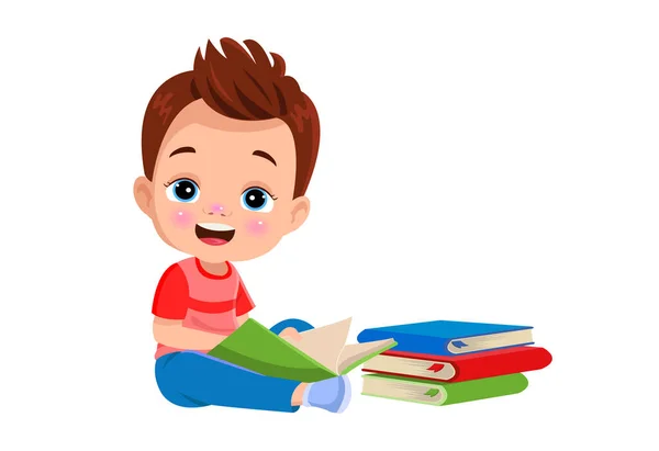 Niedlicher Glücklicher Junge Liest Ein Buch — Stockvektor