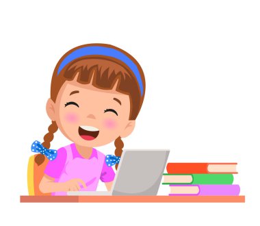 cute little kid use computer to study internet