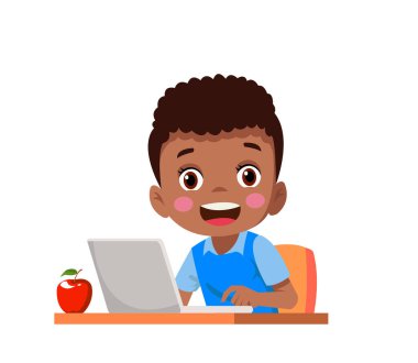 cute little kid use computer to study internet