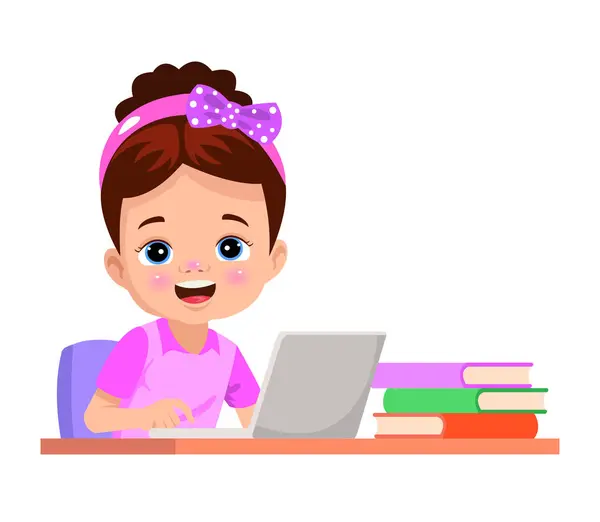 Cute Little Kid Use Computer Study Internet — 图库矢量图片