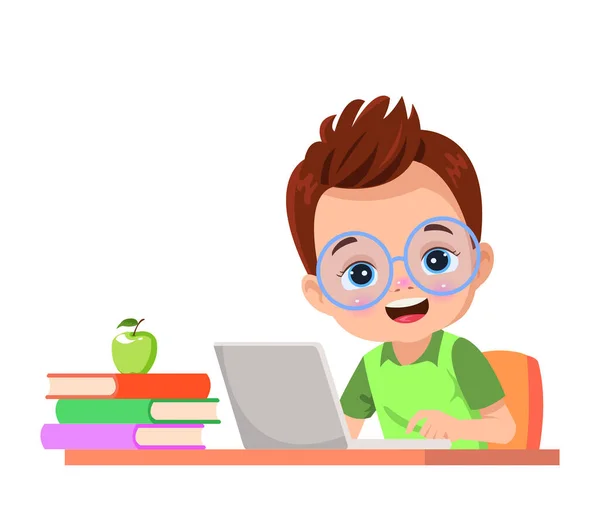 Cute Little Kid Use Computer Study Internet — Stockvector