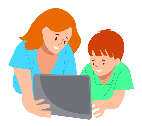 Mutter Und Sohn Hause Vor Dem Computer Vektorillustration — Stockvektor