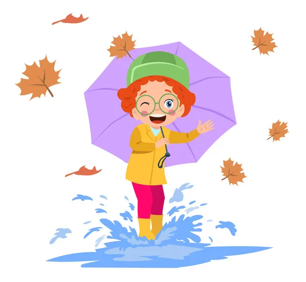 Cute Boy Wearing Raincoat Holding Umbrella — Stock Vector