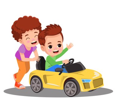 Beyaz arka planda izole edilmiş elektrikli araba vektör çizimi kullanan sevimli çocuk.