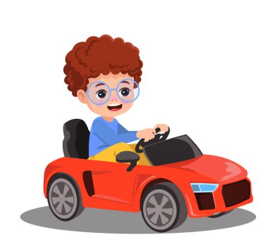 Beyaz arka planda izole edilmiş elektrikli araba vektör çizimi kullanan sevimli çocuk.