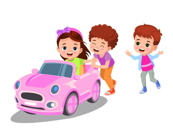 Leuke Jongen Rijden Een Speelgoed Elektrische Auto Vector Cartoon Illustratie — Stockvector