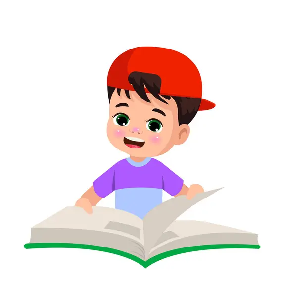 かわいい幸せな少年が本を読んで — ストックベクタ