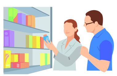 Eczane ve eczane konsepti. İlaç, antibiyotik hapı, vitamin, şırınga ve şişe sunan küçük eczacılar. İlaç için vektör illüstrasyon, ilaç deposu, tedavi konuları