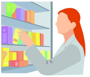 Eczane ve eczane konsepti. İlaç, antibiyotik hapı, vitamin, şırınga ve şişe sunan küçük eczacılar. İlaç için vektör illüstrasyon, ilaç deposu, tedavi konuları