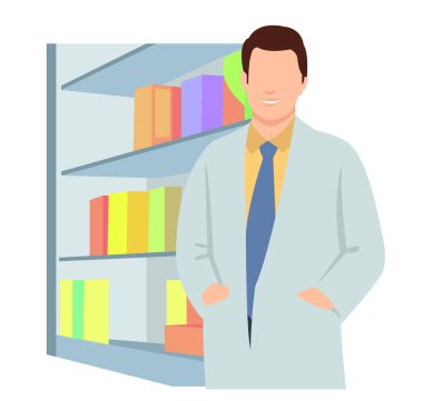 Eczane ve eczane konsepti. İlaç, antibiyotik hapı, vitamin, şırınga ve şişe sunan küçük eczacılar. İlaç için vektör illüstrasyon, ilaç deposu, tedavi konuları