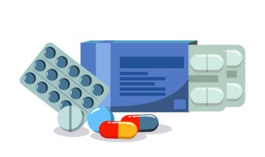 Çeşitli ilaçlar. Haplar, kapsüller kabarcıklar, sıvı ilaç dolu cam şişeler ve kapaklı plastik tüpler. İlaç ilaç ve takviye malzemeleri koleksiyonu. Gerçekçi düz biçim vektör nesne çizimi