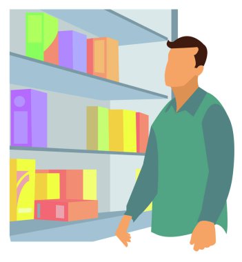 Eczane ve eczane konsepti. İlaç, antibiyotik hapı, vitamin, şırınga ve şişe sunan küçük eczacılar. İlaç için vektör illüstrasyon, ilaç deposu, tedavi konuları