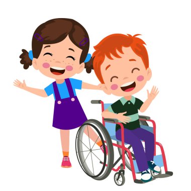 little kid sit on wheelchair and feel happy