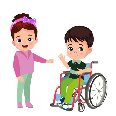 little kid sit on wheelchair and feel happy