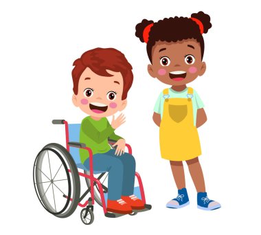 little kid sit on wheelchair and feel happy
