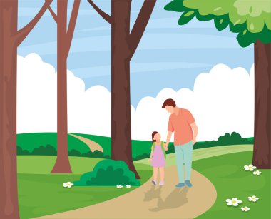 Baba ve çocuk ormanda yürüyor.