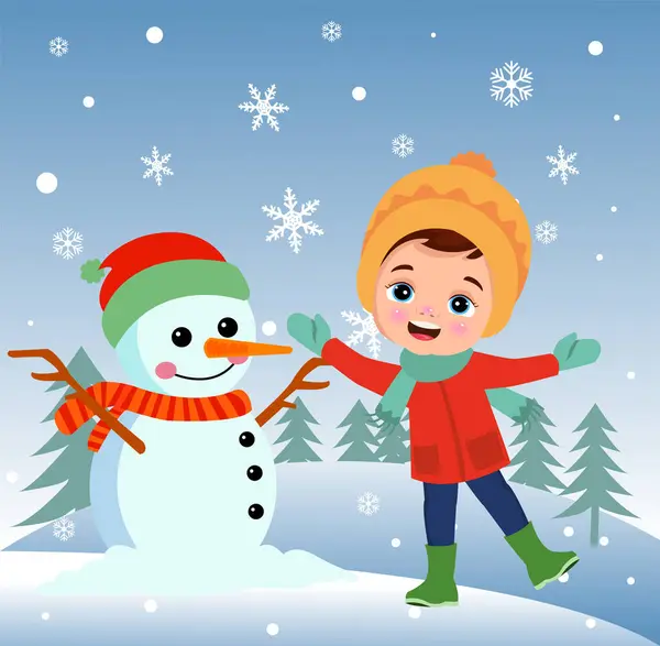 Çocuklar kışın dışarıda kardan adam yapıyor.