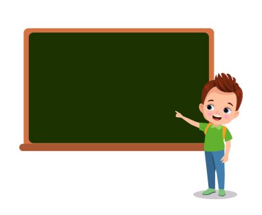 Sınıf tahtasına işaret eden sevimli çocuk.
