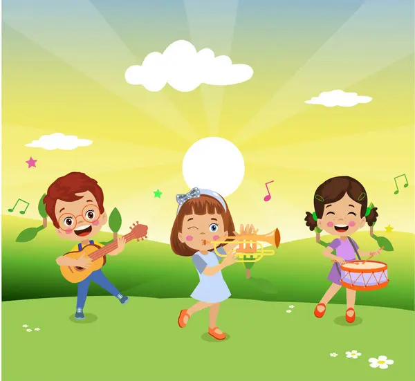 Счастливые Дети Играют Инструментах Поют Лицензионные Стоковые Иллюстрации
