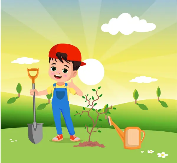 Niño Pequeño Está Plantando Una Pequeña Planta Jardín Gráficos Vectoriales