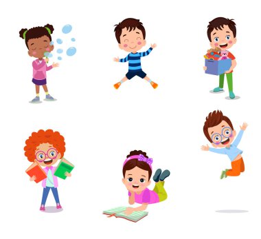 Farklı duruşlardaki öğrencilerin vektör illüstrasyonu