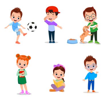 Farklı duruşlardaki öğrencilerin vektör illüstrasyonu