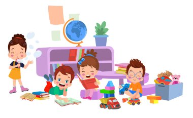 Sınıfta Oynayan Çocukların Vektör İllüstrasyonu